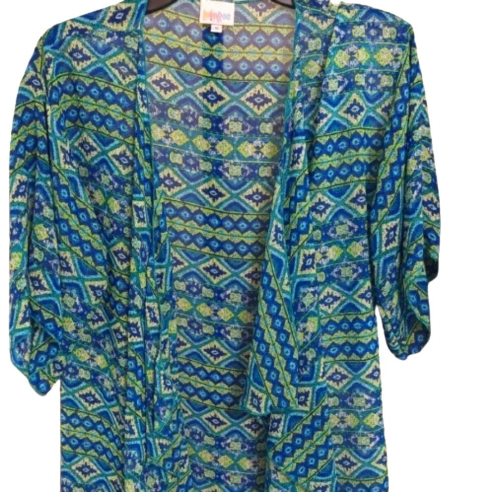 LuLaRoe Mid-Length Turquoise and Limegreen Kimono. Sz S-L.